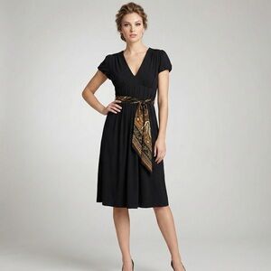 Nicole Miller Studio Black V-Neck Tie-Waist Midi Dress Size M NWT (Work/Event)